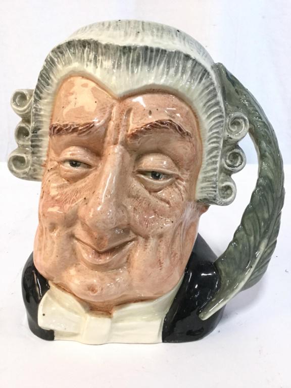 ROYAL DOULTON THE LAWYER Porcelain Mug: Underside of piece is marked ROYAL DOULTON THE LAWYER. Piece measures approx 7.5 inches tall 7 inches wide with Handle. toby mug, tankard, decorative accessories, shelf piece, collectible 6