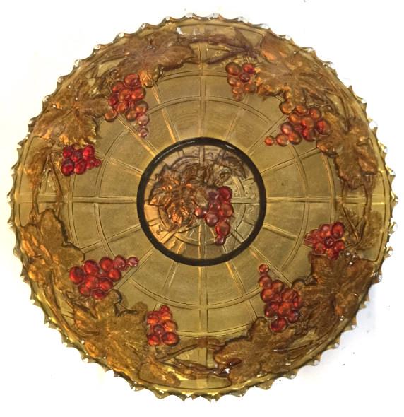 Gold Toned Art Glass Plate: Glass plate is gold toned with red toned grape detail and gold toned leaf detail. Piece measures approx 8 inches wide. centerpiece, decorative arts and accessories, tableware, shelf piece, collectible