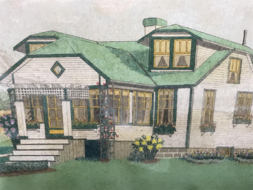 Signed 1928 Pastels on Paper, Cottage Home: Signed John S King in lower right corner, along with title ‘Builr,’ dated May 1928. Pastels on paper depicts farmhouse cottage home. Paper is set behind glass in wood frame. Measures approx 18.5 i