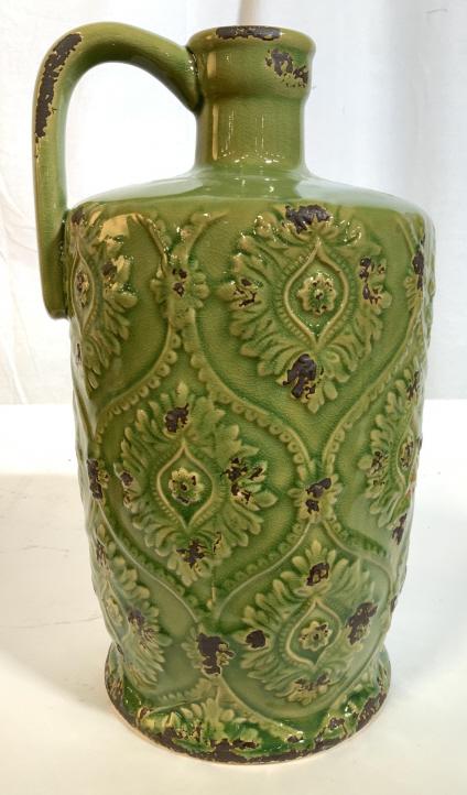 Green Glazed Ceramic Jug, Country Willow: New accessory from country willow fine home furnishings in Bedford Hills New York, jug, vessel, decorative accessory, tableware, holiday gift, measures ht app 13 inches, diameter app 8 inches