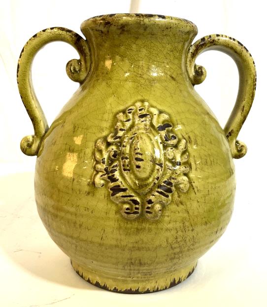 2 Handled Glazed Ceramic Vase Vessel: New inventory from Country Willow Fine Home furnishings Bedford Hills, New York, vase, vessel, decorative accessory, tableware, holiday gift, ht app 11 inches diameter app 11 inches