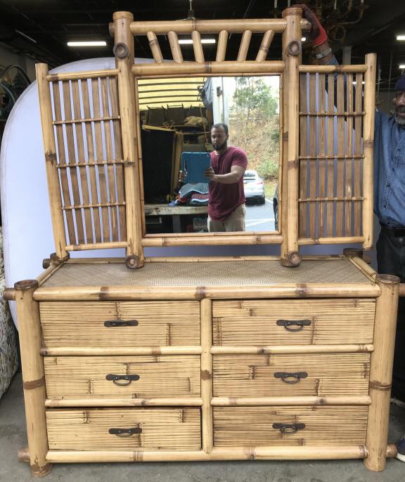 Bamboo Style Dresser W Mirror: Dresser is sand toned & has bamboo style possibly Bamboo. Piece has 6 Drawers each with black toned metal handles. Mirrored piece needs attaching. Piece has Hand dovetailing in Drawers. Piece measures