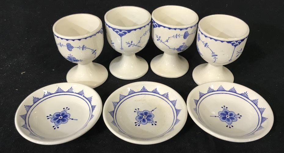 Set Egg Holders & Matching Condiment Dishes: Lot 7. Blue on white ceramic tableware made in England. Hallmark on underside of miniature dishes ‘ Turnavals Limited, Trademark England’. Egg holder 2.5 in ht., 1.5 in. diameter. English Ceramics
