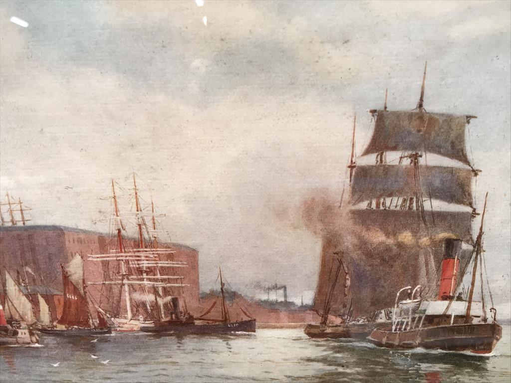 Framed Samuel J.M. Brown Maritime Print: Framed print of a Samuel John Milton Brown Artwork depciting ships in harbor. Print is matted and set behind glass in wood frame. Measures approximately 14.75 inches in height by 19.25 inches in width