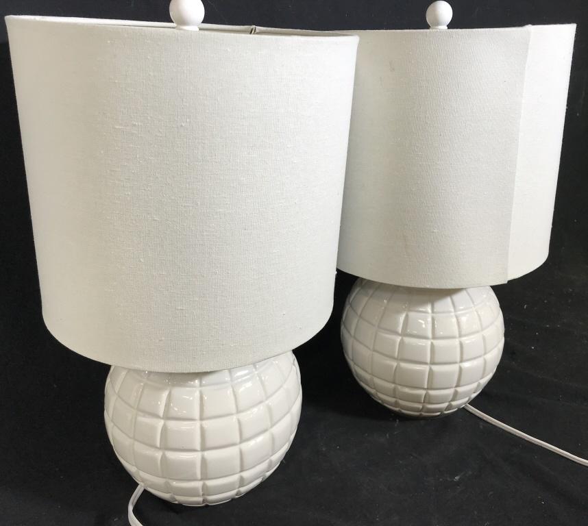 Pair Modernist Ceramic Globe Style Lamps: All white sphere body with Modern Style, Linen drum lamp shades, wooden ball finials. 18 in. tall, 24.5 in circumference. Working condition. White cord, app 63 in. long. Lamps, Table lamps, Portable L