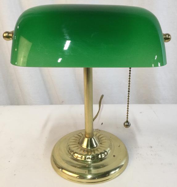 Gold & Green Toned Bankers Lamp: Bankers Lamp is Gold and green toned. Piece measures approx 13 inches tall 10.5 inches wide. Bankers Lamp, desk lamp, lamp. lamp, home lighting and accessories desk lamp, office accessories 6