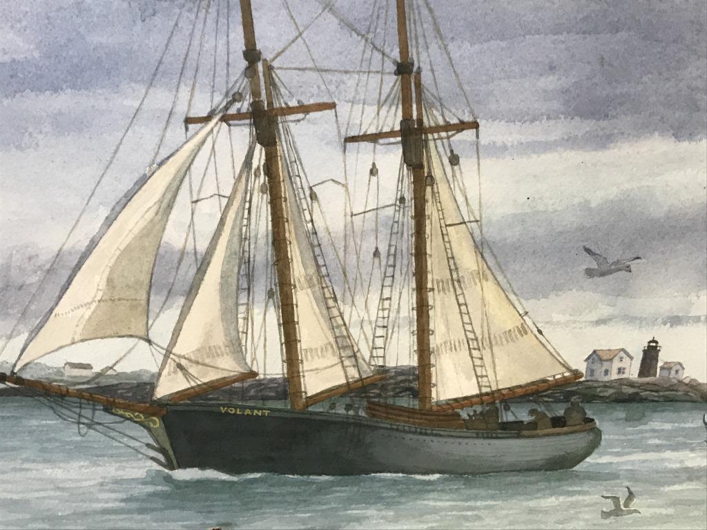 Signed Maritime Watercolor, Framed: Signed illegibly in lower left corner, watercolor depicts boat ‘Volant’ at sea. Artwork is double matted and set behind glass in wood frame. Measures approximately 18 inches in height by 22 inches