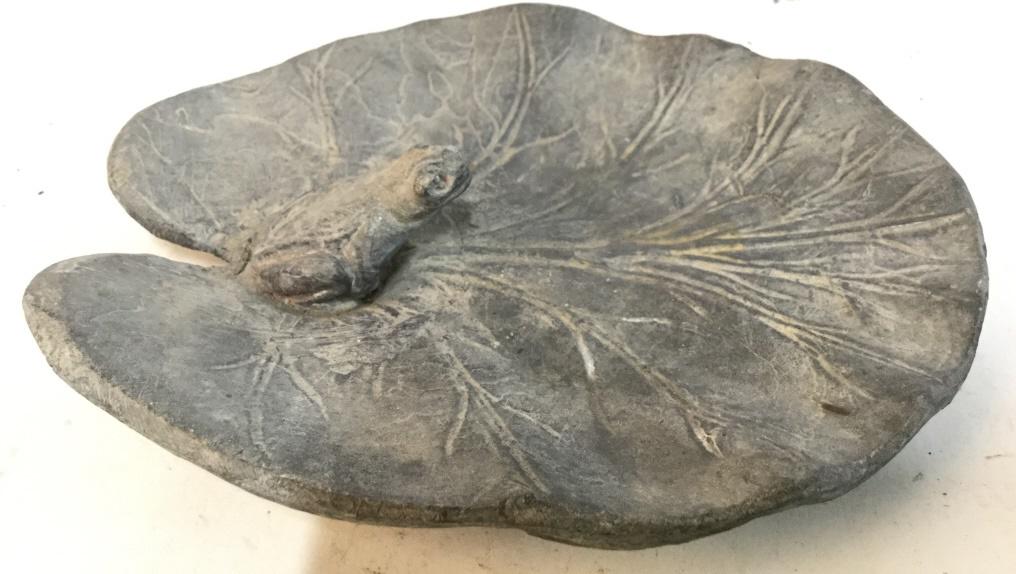 Stone Frog & Leaf Dish: Dish appears to possibly be Stone Possibly Cement. Piece depicts a a frog on a leaf. Piece measures approx 6 inches long 5 inches wide. decorative accessories, tableware tabletop accessory 6