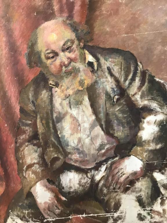 Framed Oil on Canvas, Portrait of Man: Framed oil painting on canvas depicting portrait of seared man. Verso has label for artist Rose Holober Spitzer (American, 1906-1961), no signature noted on artwork. Areas of exposed canvas and distre