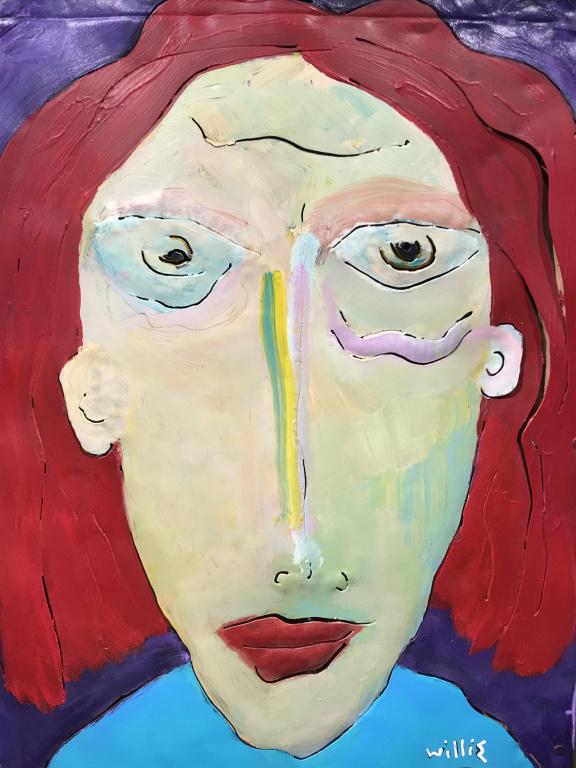 Signed WILLIE WILLIE Painted Metal Outsider Art: Signed Willie Willie in lower right corner, painted metal outsider art had cut details to form portrait of woman. Metal is nailed to two tiered wood boards, all painted. Measures approx 22.2 inches in