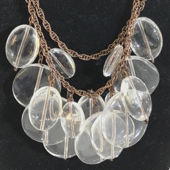 Angels & Emeralds Designer Bead Choker: Clear composite bead pendants on dark copper toned linked chain, Double Stranded. Heavy necklace, drapes 11 in. Chain length app 15 in. From luxury designer Michele Gramesty. Included Angels & Emerald
