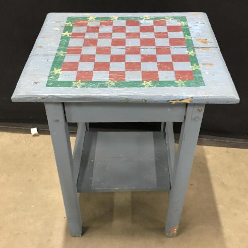 Vintage Painted Folk Art Table W Checkerboard Top: Vintage possibly Antique Painted Folk Art Table W Checkerboard Top, measures approximately 23 inches tall x 17.25 inches wide x 14.25 inches deep, chips and cracks due to age and use. Folk Art Table,