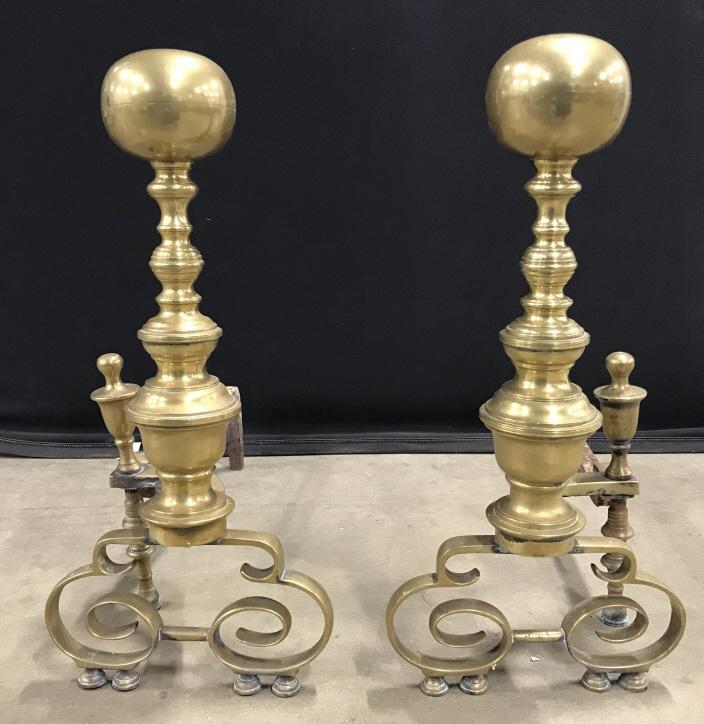 Pair Of Vintage Grand Brass Fireplace Andirons: Pair Of Vintage Possibly Antique Grand Brass Fireplace Andiron, Measures approx 22 inches tall x 11 inches wide x 22 inches deep, some marks to metal and rust to iron wood holder bars. Vintage, Antiqu
