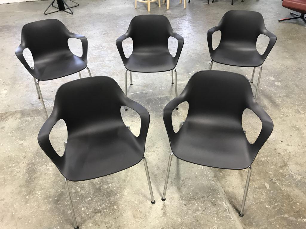 Set 5 VITRA HAL Armchairs By Jasper Morrison: Set 5 VITRA Industrial Modern HAL Arm Chairs By Jasper Morrison with black toned shell and tubular steel legs. Marked on underside of shell with VITRA Hal embossed into surface and addition VITRA Labe