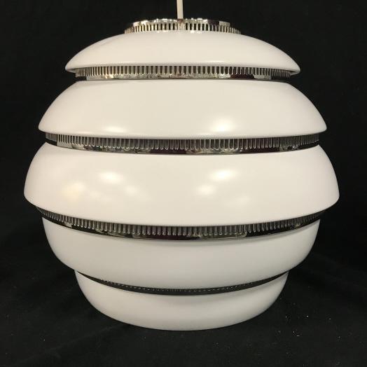 ARTEK A331 Beehive Pendant Light By Alvar Aalto: Artek’s A331 Beehive pendant light is a beloved classic designed by Alvar Aalto in 1953, color White and Chrome, New In Box, measures approximately 12 inches tall x 13 inches in diameter, Also known