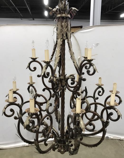 Vintage Grand Cast Metal Chandelier: Vintage Grand Cast Metal Two Tiered Chandelier with S scroll, pineapple and acanthus leaf design, 5 bulbs on the top tier, 10 bulbs on lower tier, measures approximately 60 inch drop x 44 inches in di