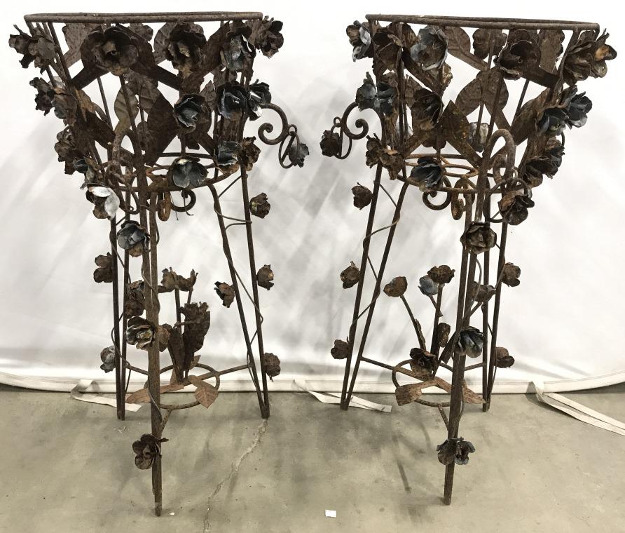 Vintage Outdoor Metal Planter Stands: Planter stands are metal. Pieces have floral, vine & leaf detail. Each stand has 3 legs. Stands are vintage possibly antique. Pieces measure approximately 34 inches tall 18 inches wide. plant stand ho