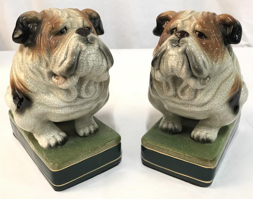Pair Japanese Takahashi Bulldog Bookends: Pair Vintage Japanese Takahashi Hand Painted Ceramic Bulldog Bookends, Marked on underside with Takahashi Made in Japan sticker, no condition issues noted, crazing to ceramic, foam on underside lifts 