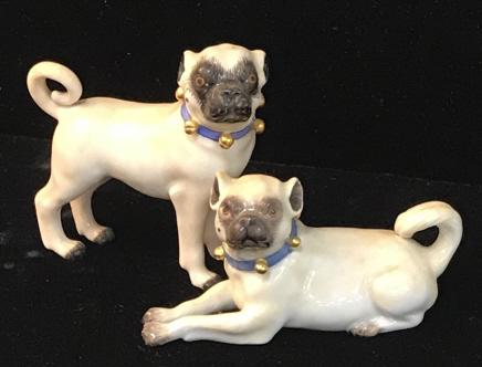 Pair Dresden Porcelain Pug Dog Figurines: Finely detailed pug Figurines, one standing, one laying down. Both have painted blue collar with gold ball bells ( in relief) tied in a bow in the back. Carl Thieme pugs are highly detailed, expressiv