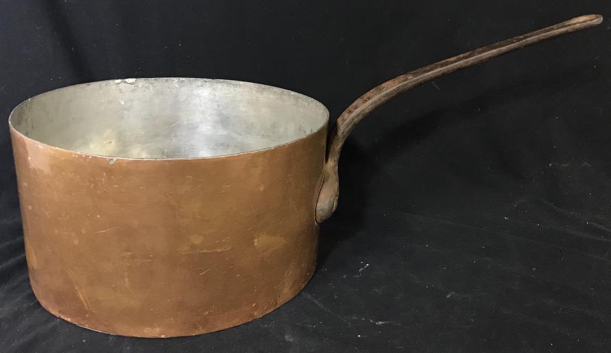 Antique Large French Copper Sauce Pan: Antique Substantial French Copper Sauce Pan Pot possibly Charles C Ruegger, marked in copper exterior to right of handle Made In France, some illegible writing followed by R Ruegger New York, on left 