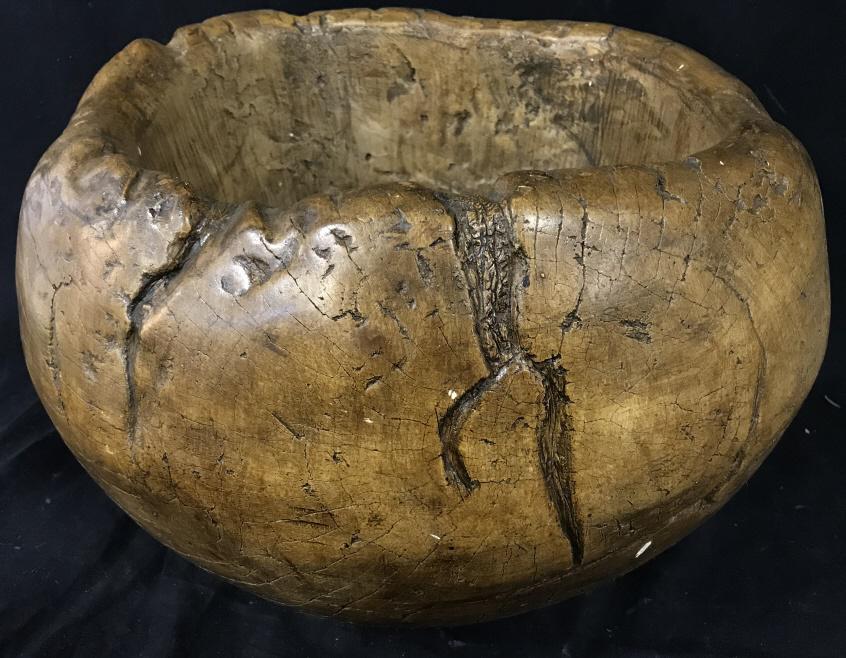 Organic Hand Formed Vessel Bowl: Organic Hand Formed Possibly Plaster or Ceramic Vessel in a caramel toned finish that gives the appearance of carved wood, measures approximately 17.5 inches in diameter x 10.5 inches tall, some small