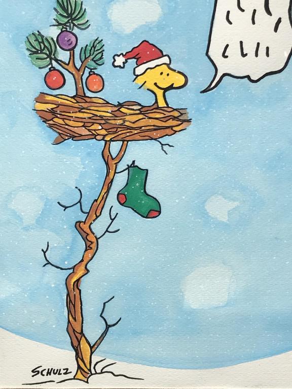 Signed Charles SCHULZ Marker Drawing, Woodstock: Signed SCHULZ in lower left corner, attributed to Charles Schulz (American, 1922 - 2000). Marker and watercolor drawing depicts Woodstock the bird sitting in nest at Christmas time. Artwork has not be