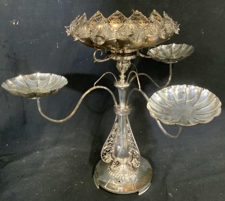 Richly Detailed Silver Plate 3 Arm Epergne, Gorham: Rococo Epergne, Centerpiece tableware with three scrolled arms, each is removable with three flat bottomed bowls also silver plate, elaborate center column with open scroll work, etching, Repousse vin