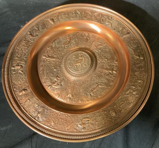 Heavy Etched Repousse Copper Wall Relief Decor: Has weight, copper wall decor, intricate relief of nudes, figurals, garden settings, birds gargoyles and more, decorative arts, hand crafted, wall decor, home accent, wall hanging. measures diameter a