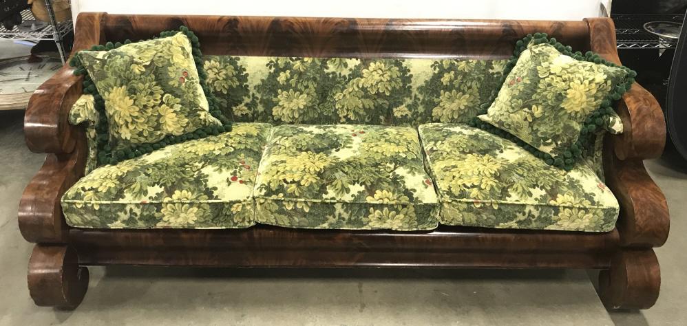 Antique 20th Century American Empire Sofa: Antique 20th Century American Empire Sofa with wooden, Crotch Mahogany, flame Mahogany frame with scroll designed side arms and base, upholstered in D& D building Clarence House custom fabric with gre