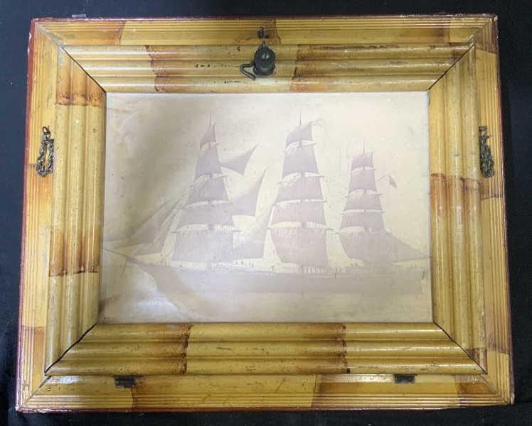 Antique Hidden Magazine Rack, Maritime Art Print: Double framed in Bamboo and wood sailing vessel art print closed with metal latch and metal hinges, wall hanging device, latch pull opens to reveal rack for magazines or newspapers, unusual folk art w