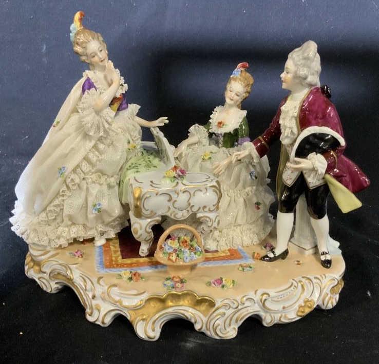 Unter Weiss Bach Porcelain Figurals Sculpture: Vintage possibly antique porcelain sculptural of Victorian Parlor scent with three figurals, piano, and fanciful base, hand crafted, hand painted, marked underside, measures ht app 11 inches length ap