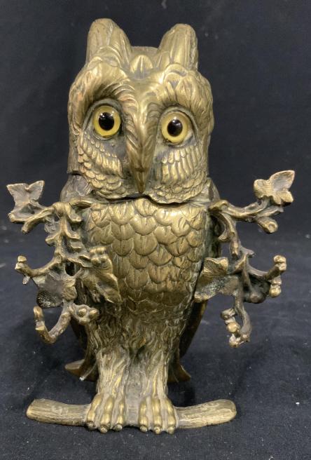 Antique Gilded Metal Owl Inkwell: Owl form antique Inkwell with original porcelain insert, head opens to well, measures ht app 8 inches, width app 4 inches, depth app 4 inches, collectible Inkwell, Desk Top accessory, tableware, decor