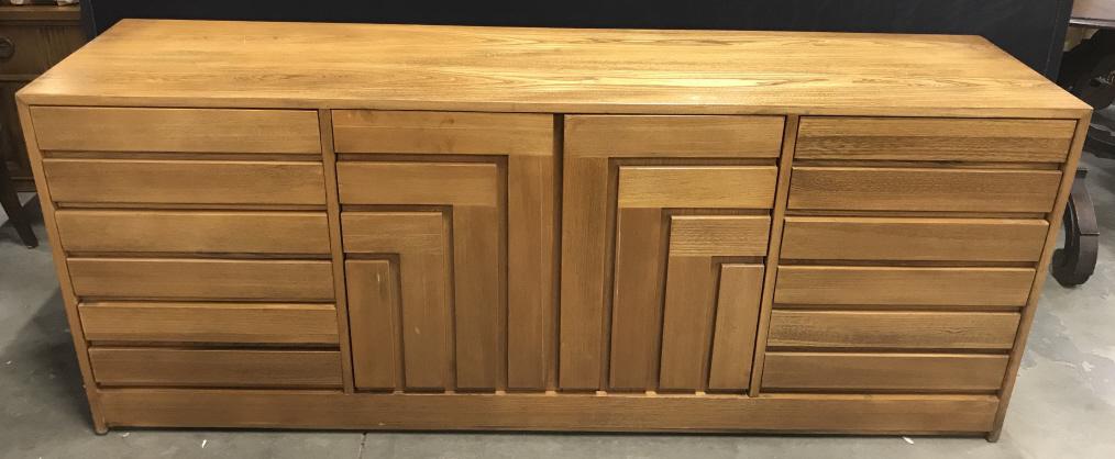 Founders Thomasville Mid Century Credenza: Founders Thomasville Mid Century Modern Credenza with geometric shape design, marked on interior of top left drawer Founders and marked on reverse Copyright Thomasville Furniture Industries Inc. 3641-