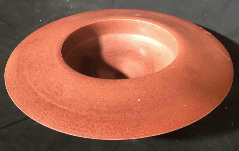 Oversized Hand Thrown Ceramic Bowl Vessel: Vessel, platter, centerpiece bowl, tableware, ceramic pottery measures ht app 6 inches, diameter app 19 inches, repair to piece, has weight