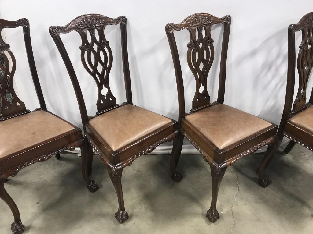 Set 4 Mahogany Toned Chippendale Side Chairs: Set 4 Mahogany Toned Chippendale Side Chairs with mocha toned possibly leather seats, carved ball claw front feet and scroll leaf design throughout, some marks to seat cushions and scratches to legs, 