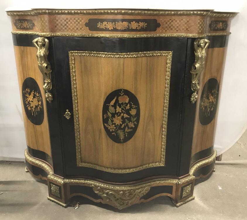 Antique French Marble Top Ormolu Mounted Credenza: Antique French Marble Topped, Marquetry and Ormolu Mounted Credenza with curved center door and sides. Piece is constructed of intricate floral, leaf, and vine marquetry design, ormolu mounts borderin