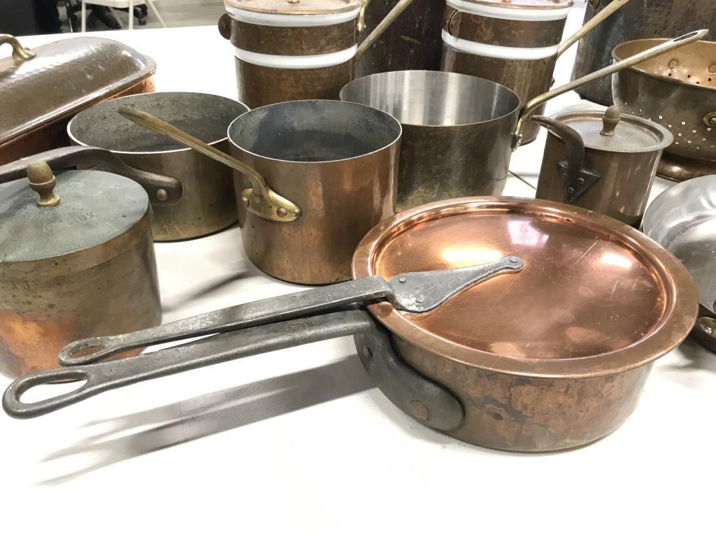 Lot 17 Vintage French Copper Cookware: Lot 17 Vintage French Copper Cookware pots of various size, uses and condition, majority are marked made in France, largest measures approximately 11 inches tall x 13 inches wide. Vintage Copper Cookw