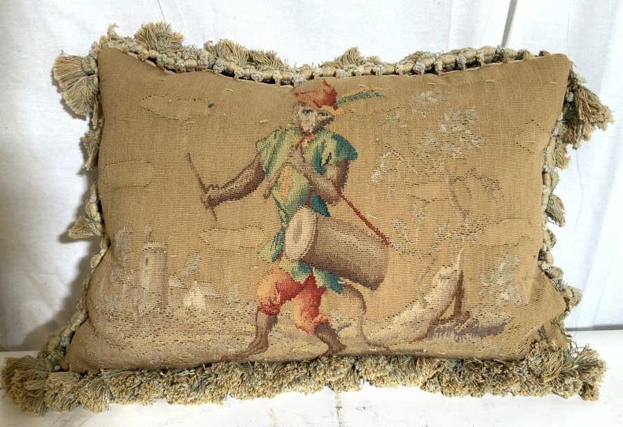 Antique Monkey Tapestry Throw Pillow: Antique tapestry, monkey with drum, tapestry into throw pillow, toss pillow decorative accessory home decor, measures app 23 by 17 inches