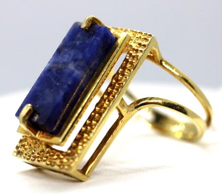 Art Deco Lapis Lazuli 18 kt Gold Ring: Art deco inspired, stacked design, textured face, smooth platform, Fits an approx size 7/8. Interior band reads 750 kt 18, indicating gold purity face measures approx 1 in long, gem stone measures app