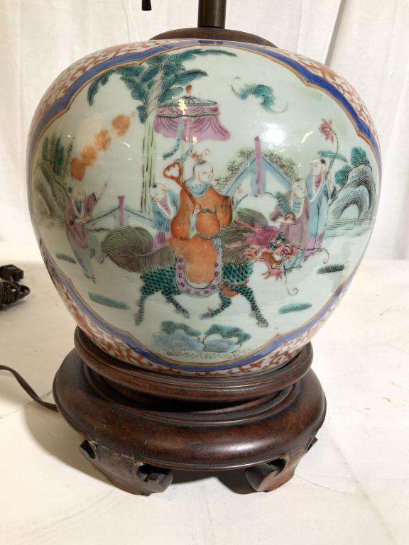 Asian Painted Ceramic Vase into Lamp: Vintage possibly antique painted Asian vase, vessel, metal top turned into Lamp, Figural scene , gardens, dragon, and geometric design, Asian decorative arts, chinoiserie, orientalia, orientalism, asi