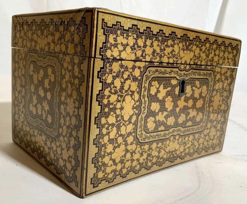 Antique Painted Lacquered Tea Caddy Box: Decorative vessel, has some wear, tea caddy, measures ht app 6 inches closed, top 8 by 5.5 inches, table ware, decorative arts, kithcen accessory, jewelry keepsake box, dresser box,