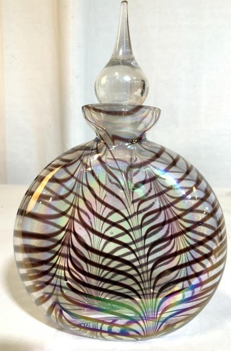 Venetian Art Glass Perfume Bottle: Italian Art Glass, swirl patterned perfume bottle, collectible bottle, with stopper measures ht app 6.5 inches width app 4.5 inches, tableware, decorative arts,