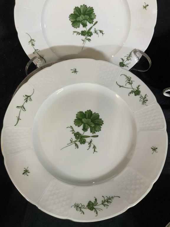 Chantilly France Porcelain Dinner Service, 85 pcs: Marked on underside for Chantilly France, Painted by Hand, White with green floral design place settings, set includes 12 dinner plates diameter 10 inches, 11 lunch plates, 4 bread and butter plates, 
