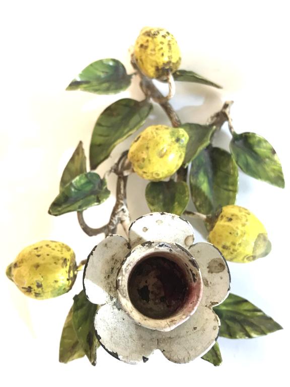 Pair Hand Painted Vintage Lemon & Leaf Candelabras: Candelabras are metal. Each appear to be hand painted. Both have lemon and leaf detail. Piece measures approx 8 inches long 5.5 inches wide. candleholder, home accent and decor, tableware, decorative 