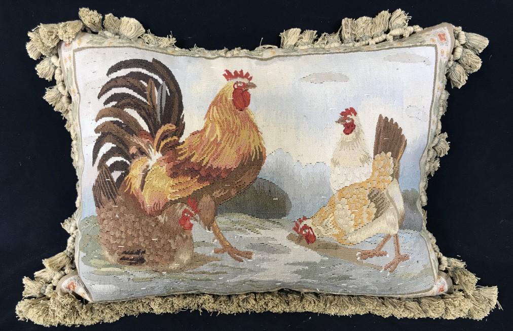 Antique Down Filled Aubusson Style Pillow: Antique Down Filled Petit Point Aubusson Style Pillow with velvet backing and tassel trim, Antique tapestry, Rooster With Chickens, tapestry throw pillow, toss pillow decorative accessory home decor, 