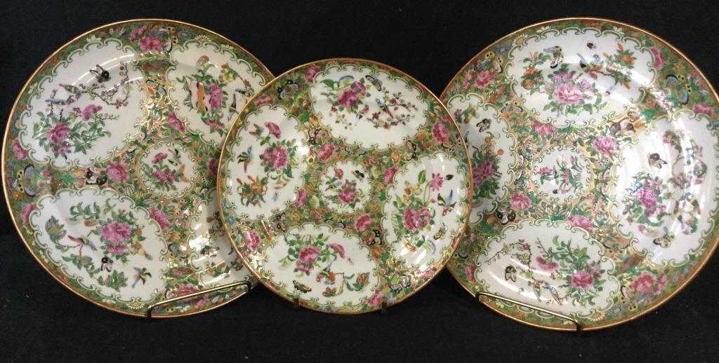 Antique Set 3 Rose Medallion Plates,c.19th Century: Three matching Chinese antique porcelain plates, 2 sizes, 8 1/4 in. & 9 5/8 in. Nature scenes with butterflies, roses, birds, cherry blossom branches. Decorative Gilt, green, pink & baby blue 9 in whi