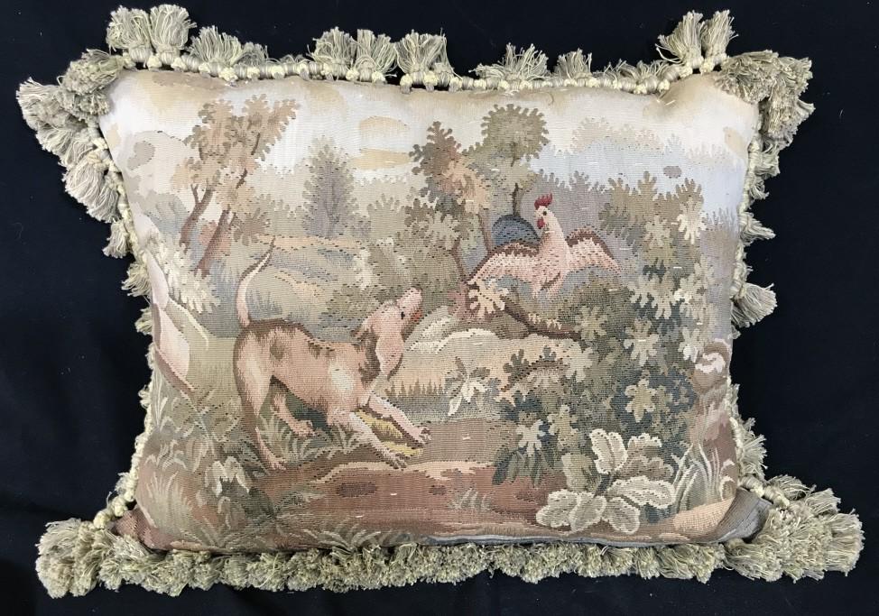 Antique Down Filled Aubusson Style Tapestry Pillow: Antique Down Filled Petit Point Aubusson Style Tapestry Pillow With velvet back and fringed edges, pillow depicts a dog chasing a cockerel in the outdoors, measures approx 27 inches long x 18 inches h