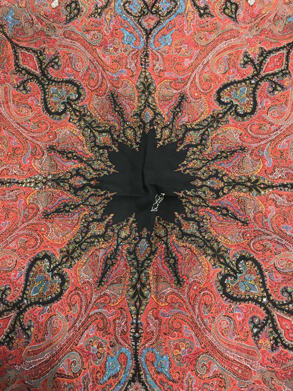 Hand Made Middle Eastern Style Paisley Shawl: Hand Made Middle Eastern Style Paisley Shawl With black center medallion w white toned embroidered leaf shape, surrounded by intricate multicolored paisley design, marked on reverse with fabric label 