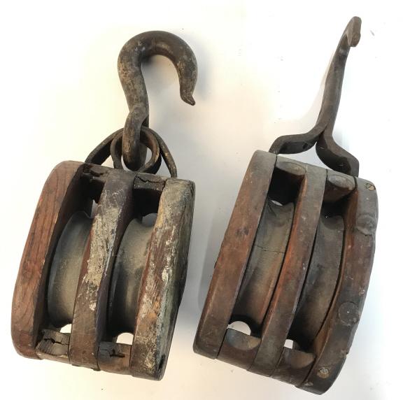 Pair Antique Iron And Wood Pulleys: Pair Antique Iron And Wood Pulleys, measures approximately 17 inches long x 5.25 inches wide x 6 inches deep, chips and patina due to age and use. Antique Tools, Antique Pulleys, Farm House Decor, Han