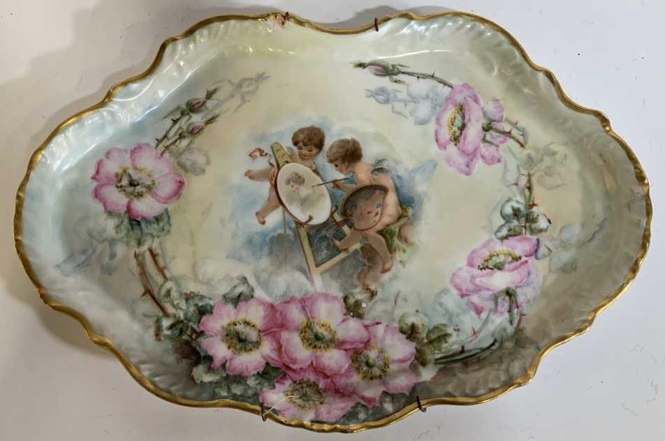 Antique Limoges Cherub Porcelain Wall Hanging: Hand painted cherubs, angels puttis scene, gold rimmed marked for Limoges, French porcelain, measures ht 9 by 13 inches wall hanging, decor, decorative arts and accessories